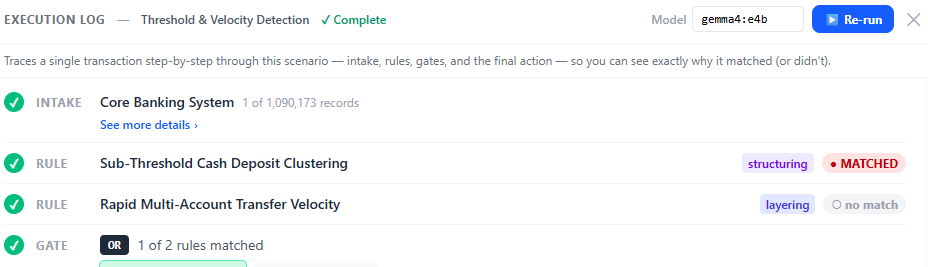 Scenario builder page focused on the execution log.