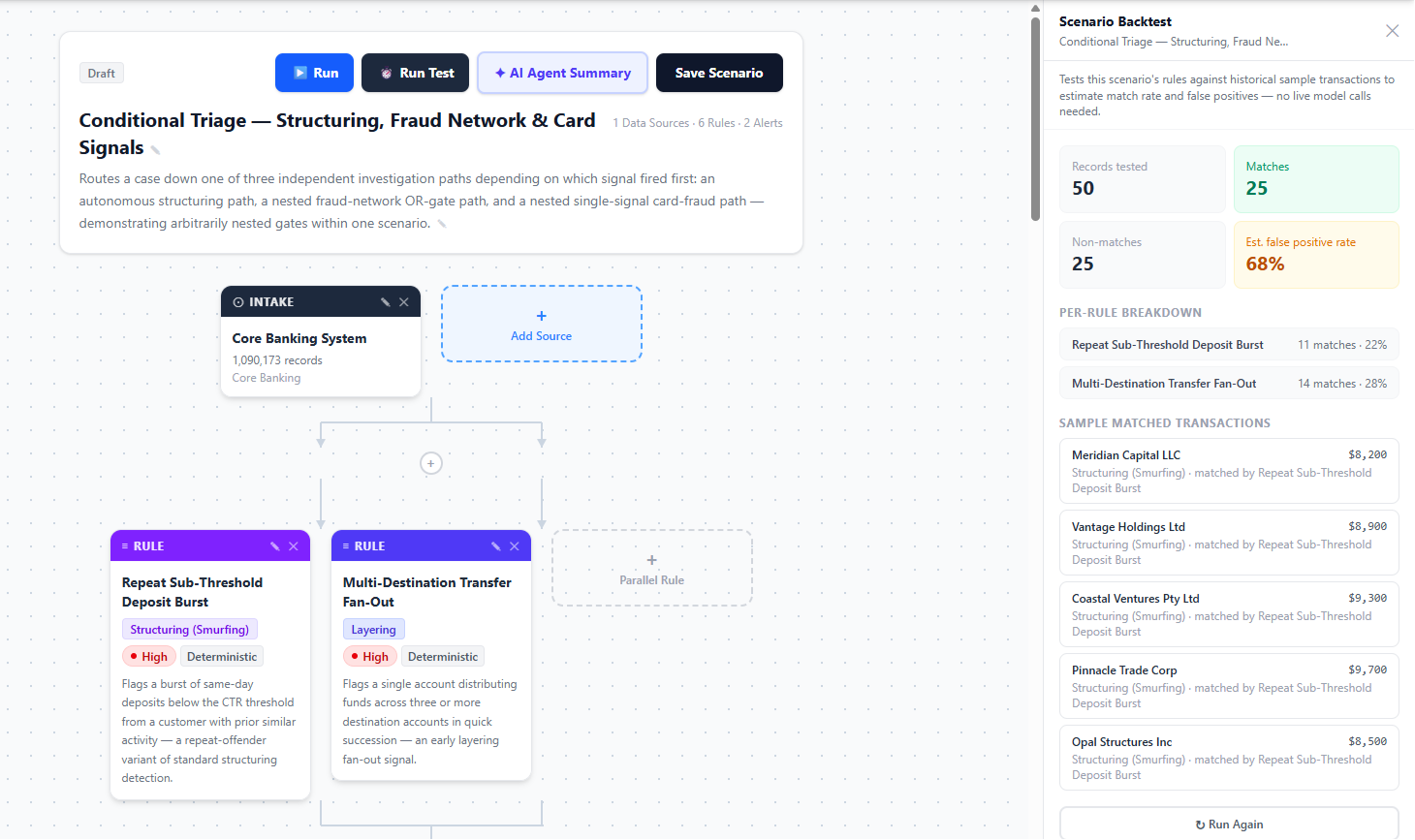 Scenario builder page focused on the execution log.