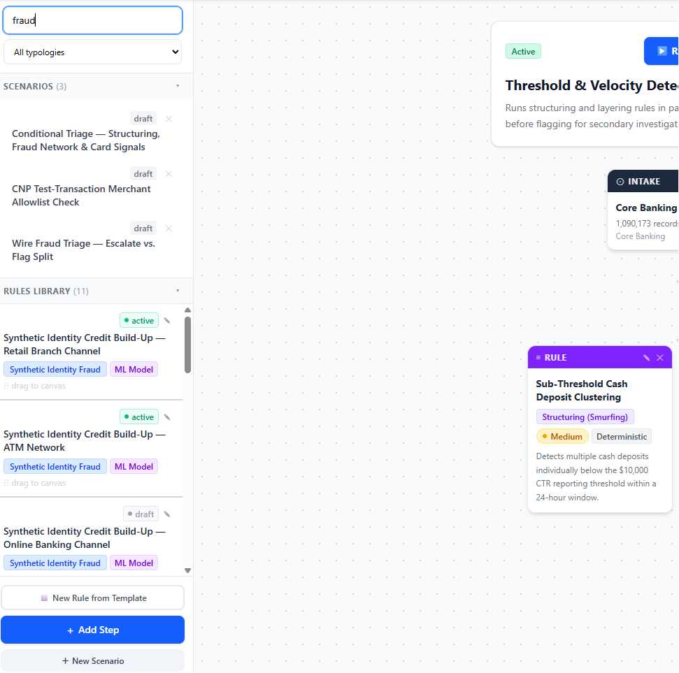 Scenario builder page focused on the search and filter of rules and scenarios.